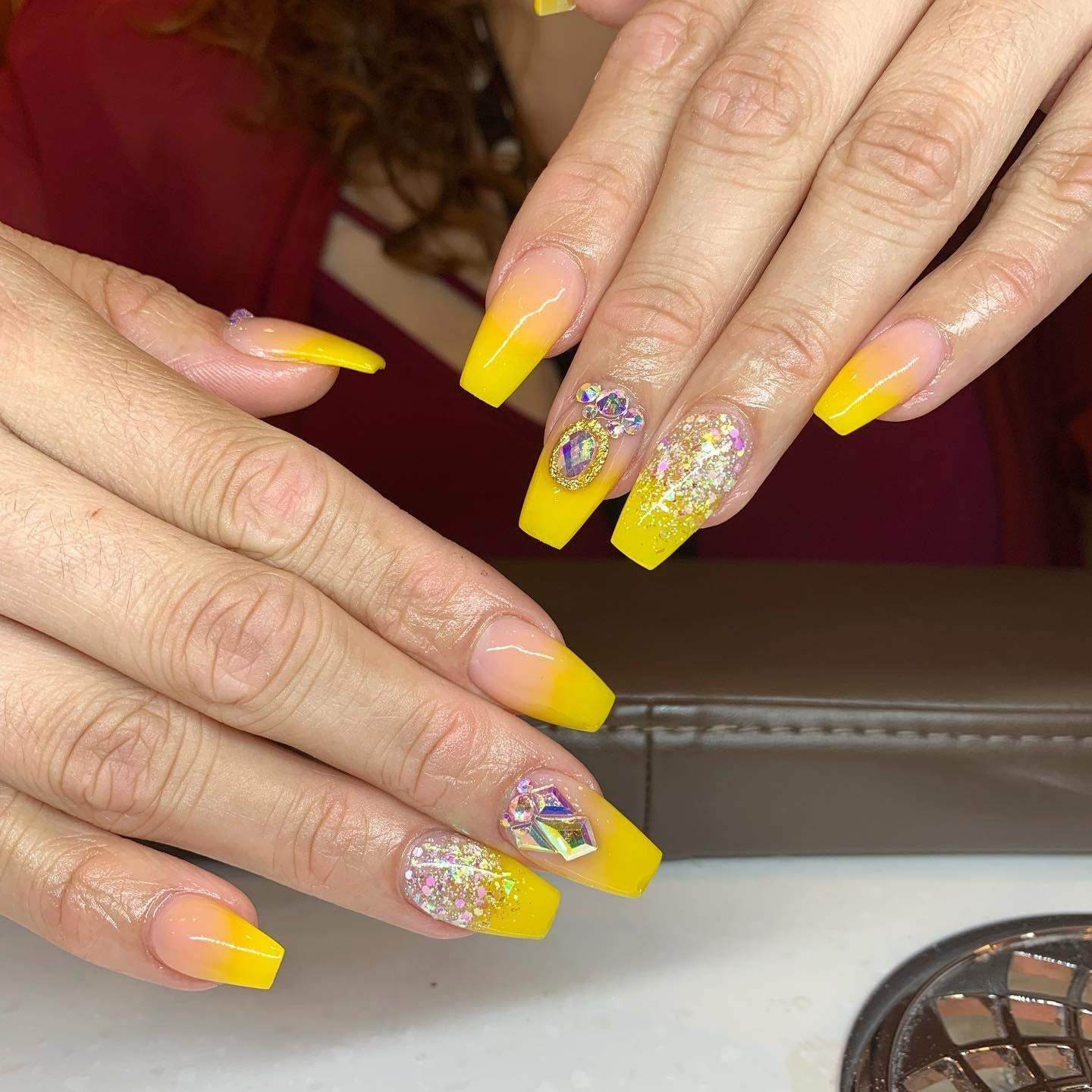 3. Yellow Ombre Coffin Nails with Crystals and Glitter (Yellow Coffin Nail Ideas)