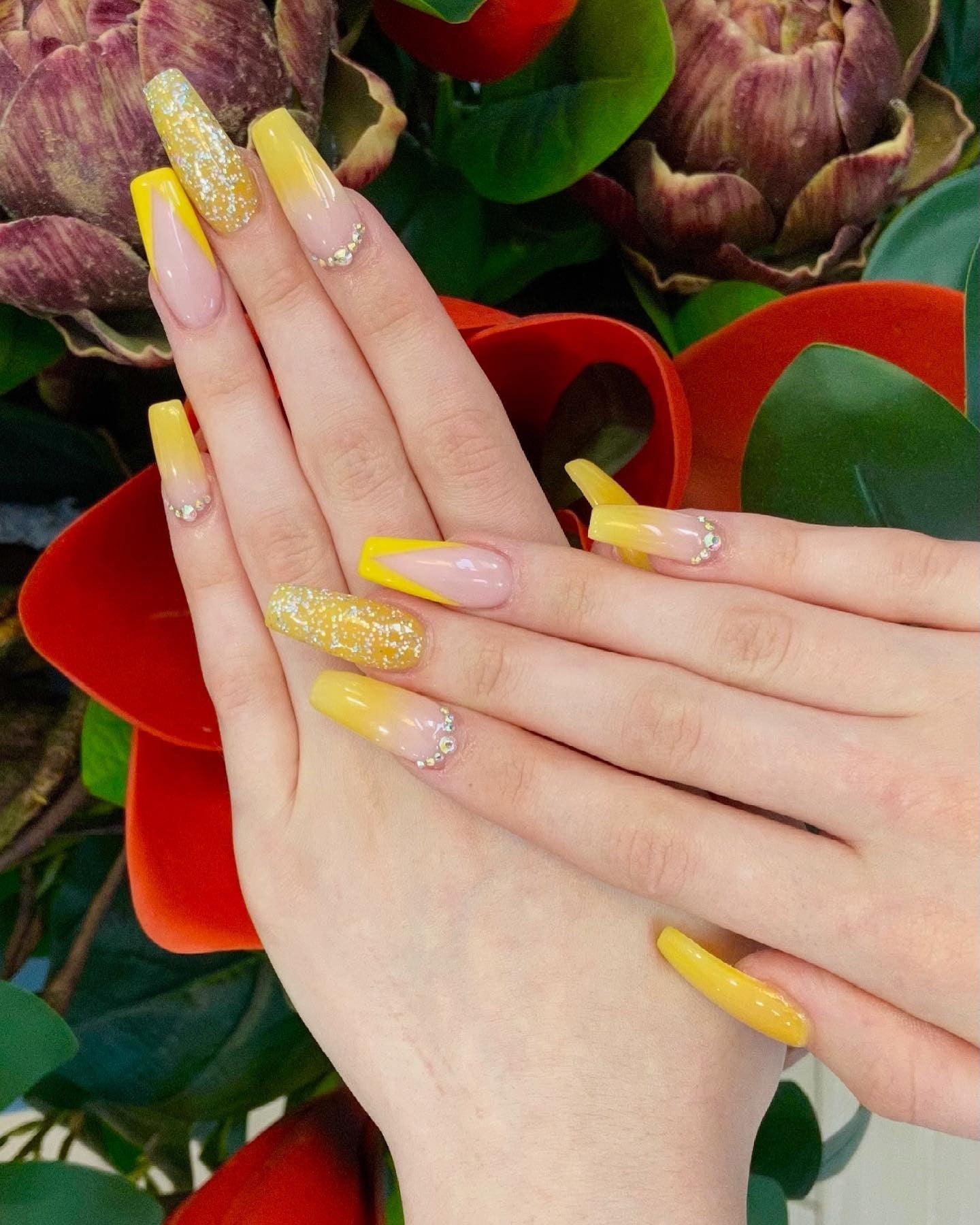7. Sunshine Yellow Nails with Ombre and Rhinestone Flair (Yellow Coffin Nail Ideas)