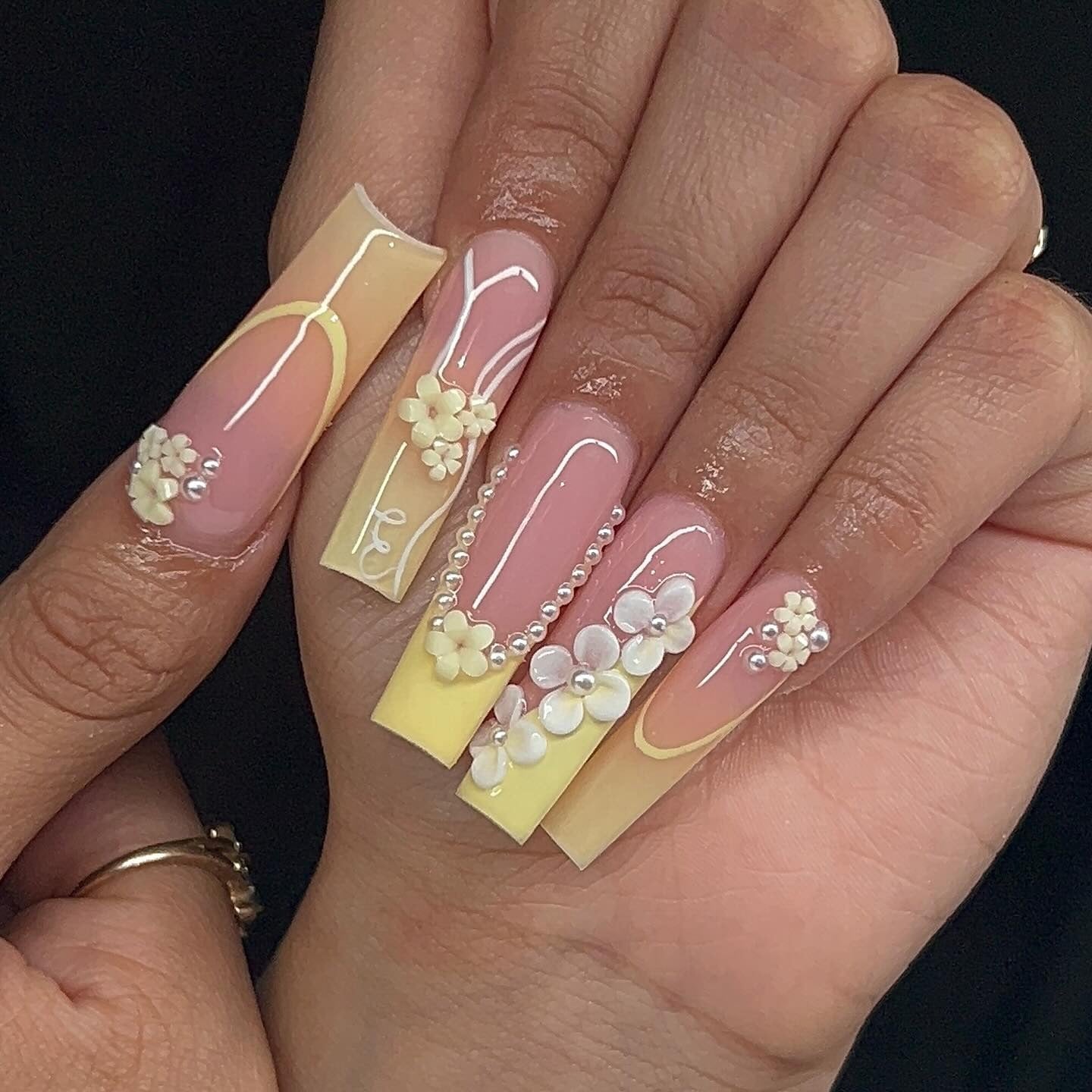 13. Pastel Yellow Coffin Nails with 3D Floral Embellishments (Yellow Coffin Nail Ideas)