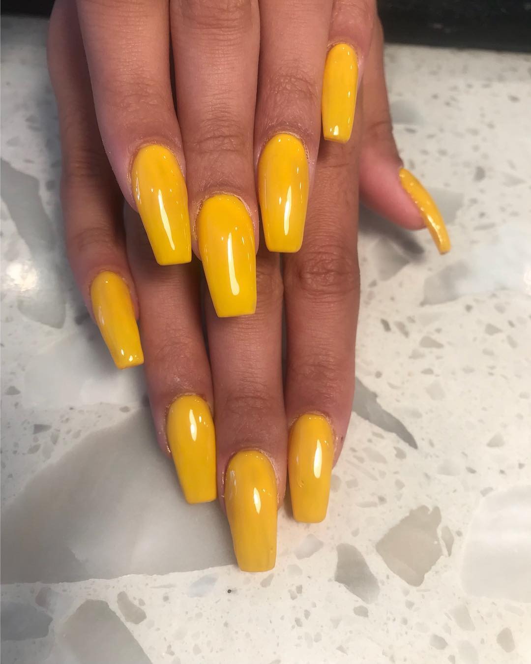 14. Solid Glossy Mustard Yellow Coffin Nails (Yellow Coffin Nail Ideas)