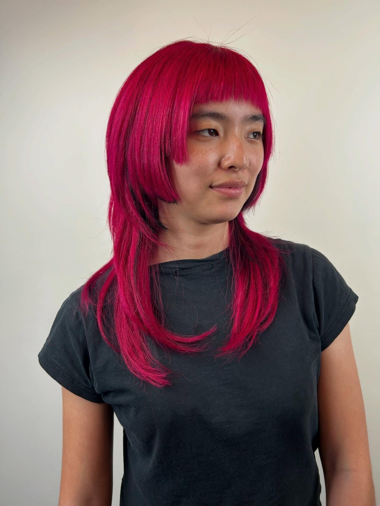 5. Vivid Pink Layers with Bold Baby Bangs (Bangs Hairstyles)