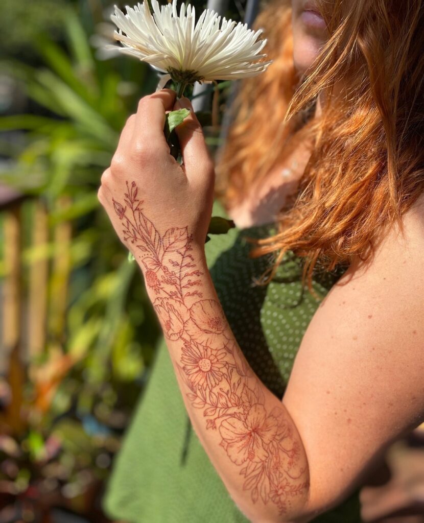 Brown Ink Floral Half Sleeve Tattoo