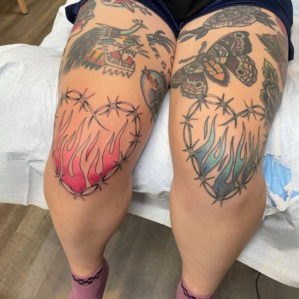 Fire Hearts Knee Tattoo