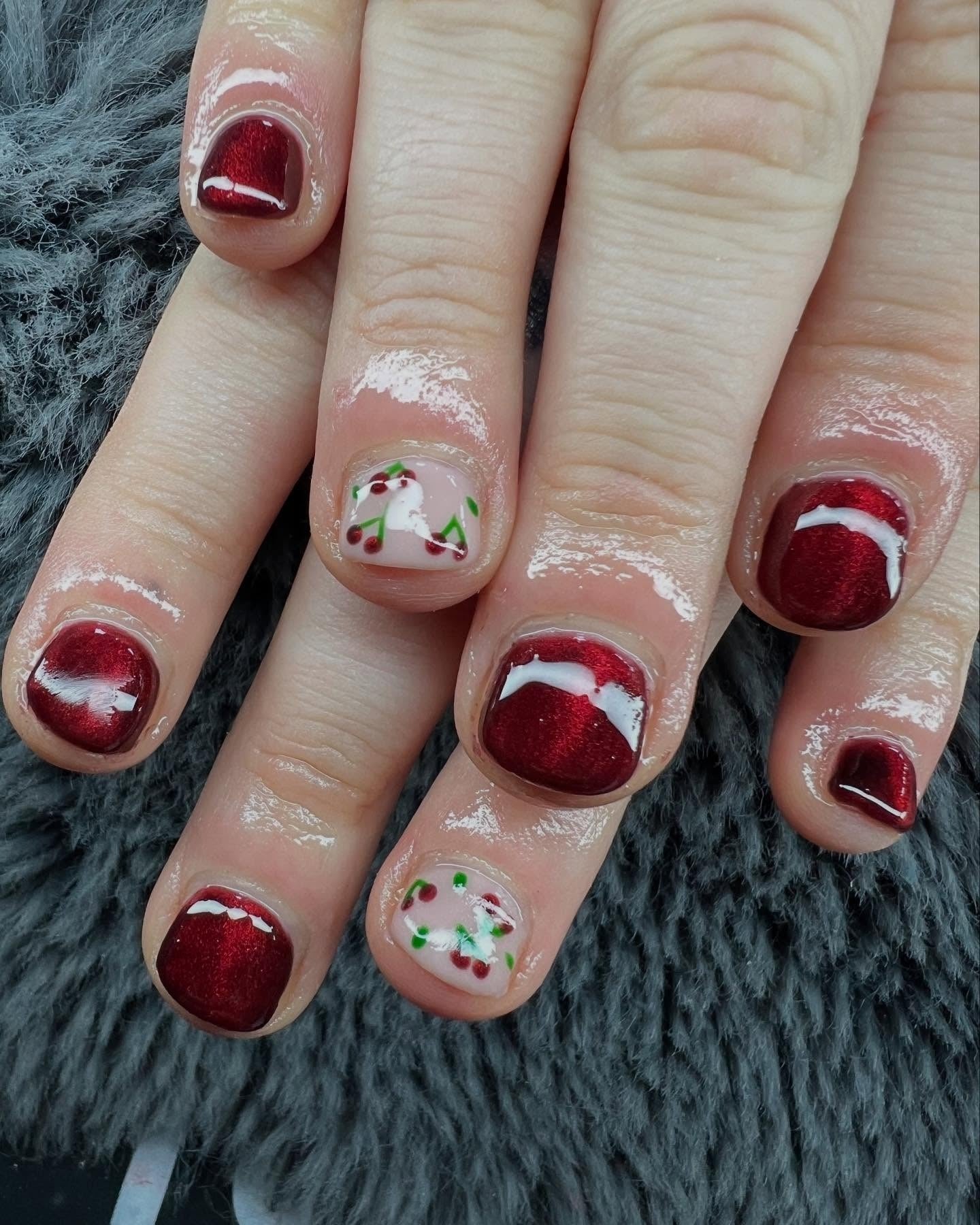 4. Deep Cherry Red with Fruit Accent (Cute Short Nail Ideas)