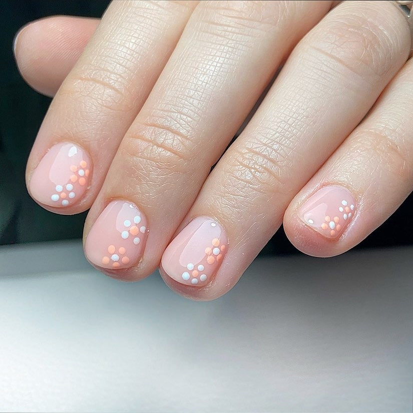 13. Peach Blossom Dot Art (Cute Short Nail Ideas)