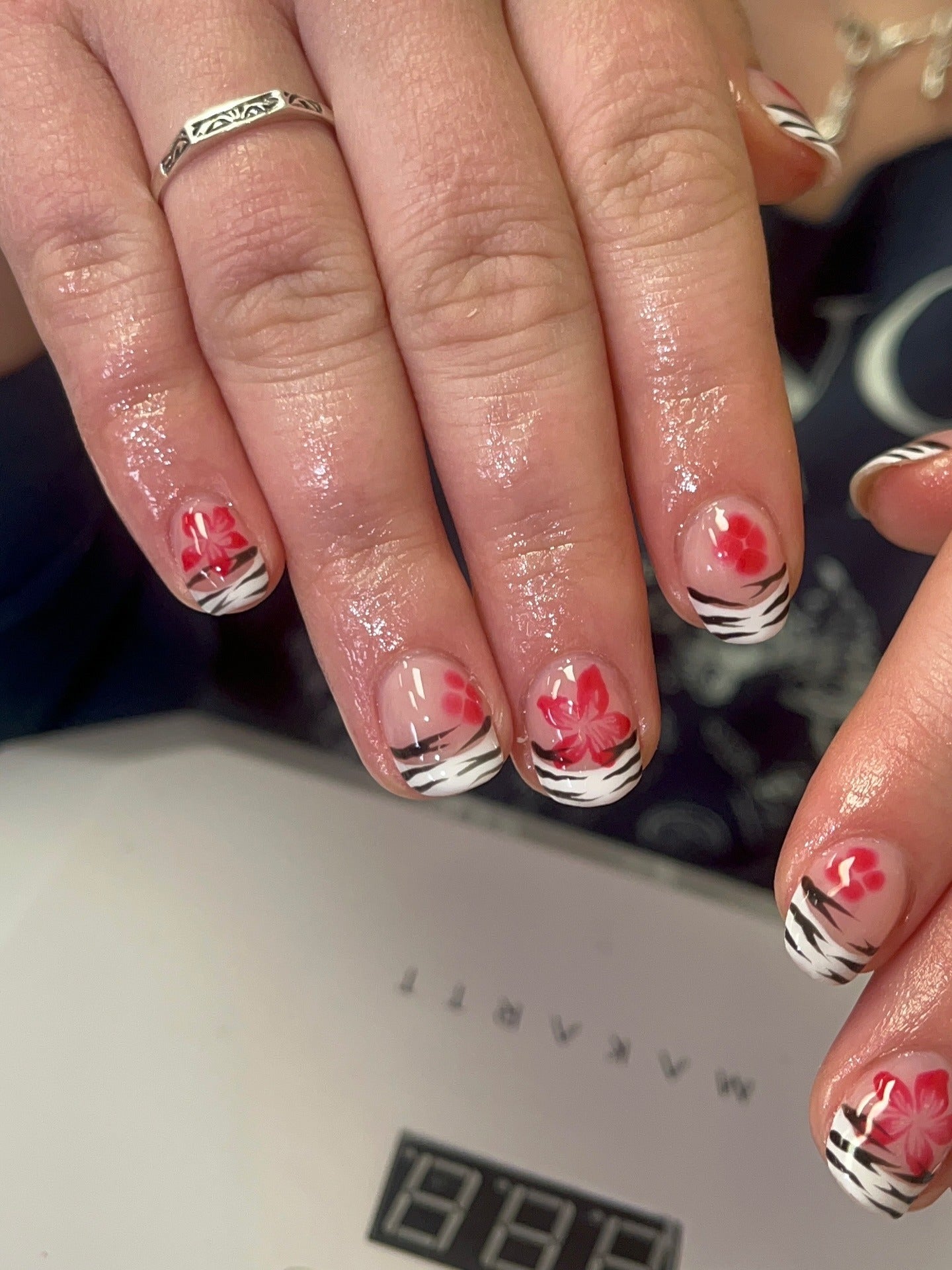 3. Tropical Bloom with Zebra Tips (Cute Short Nail Ideas)