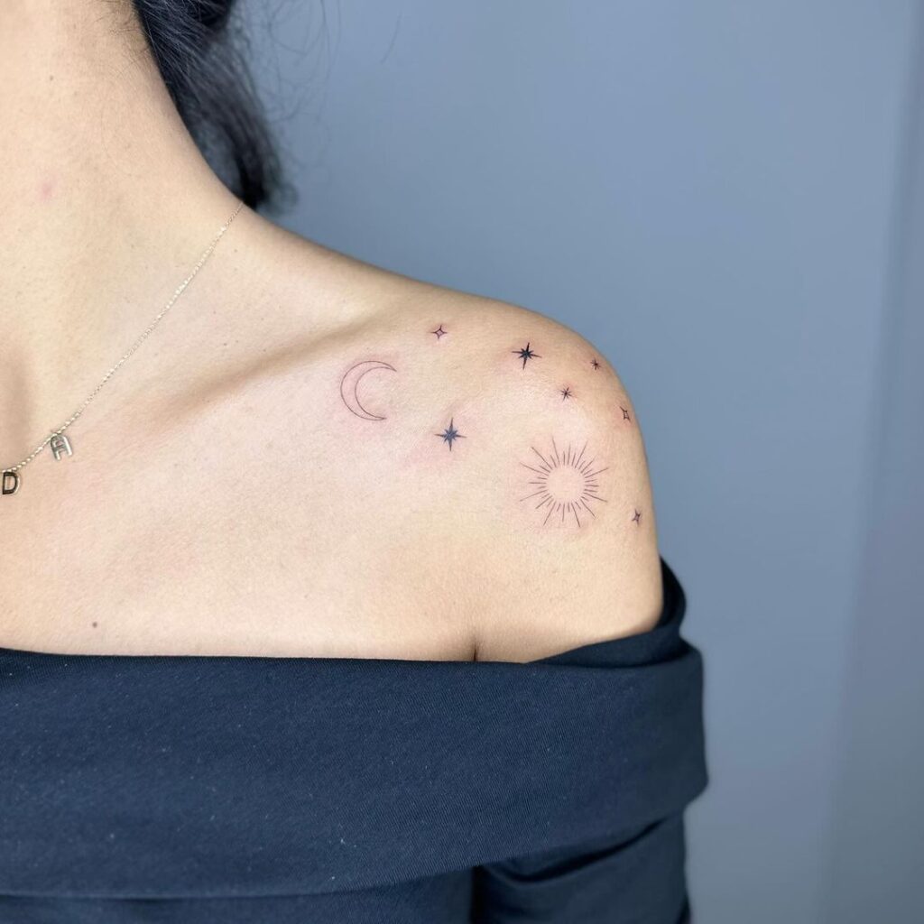 Sun, Moon & Stars Shoulder Tattoo