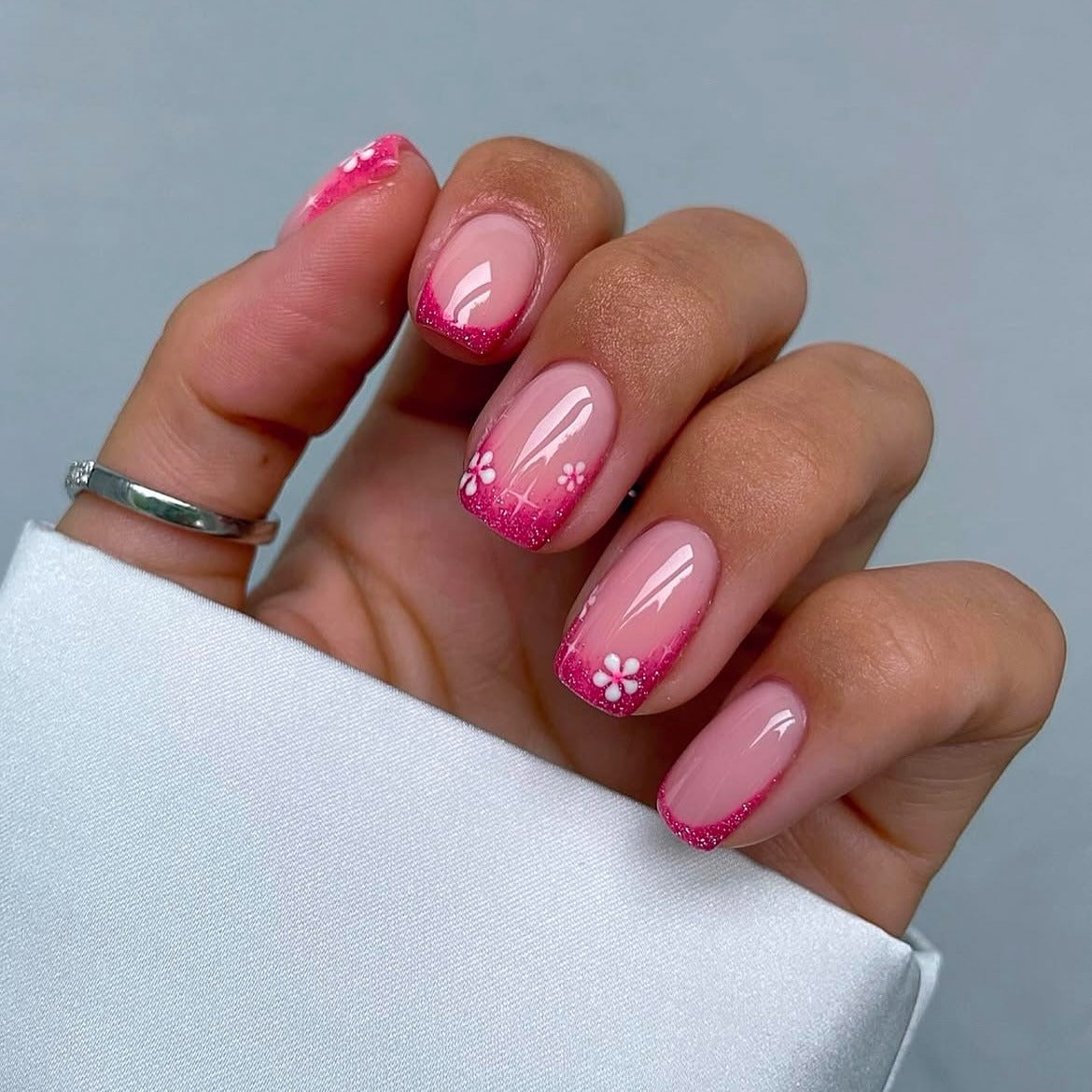 8. Sparkling Pink French Dip Nails (Dip Nail Ideas)