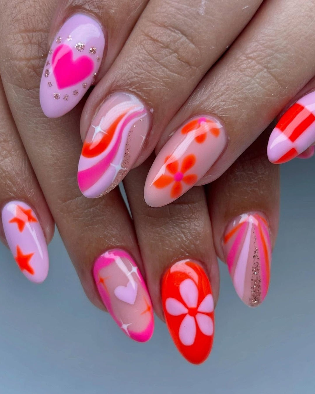 10. Retro Pink & Orange Dip Nails (Dip Nail Ideas)