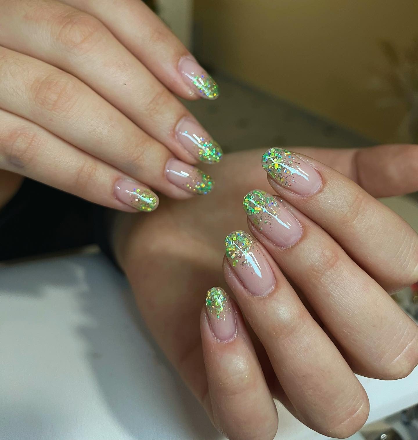 7. Iridescent Lime Glitter Flare (Glitter Sparkle Nail Ideas)