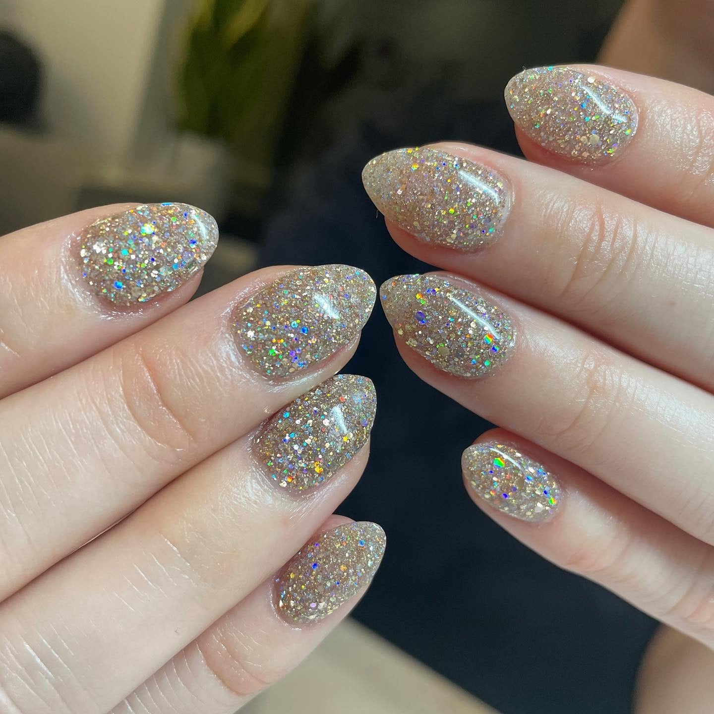 8. Full-Cover Galaxy Glitter Almond (Glitter Sparkle Nail Ideas)