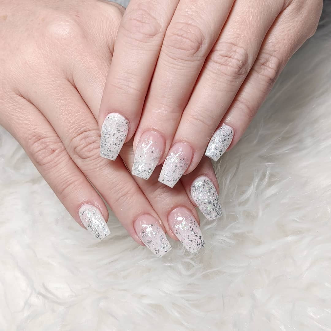 10. Icy White Glitter Square Tips (Glitter Sparkle Nail Ideas)