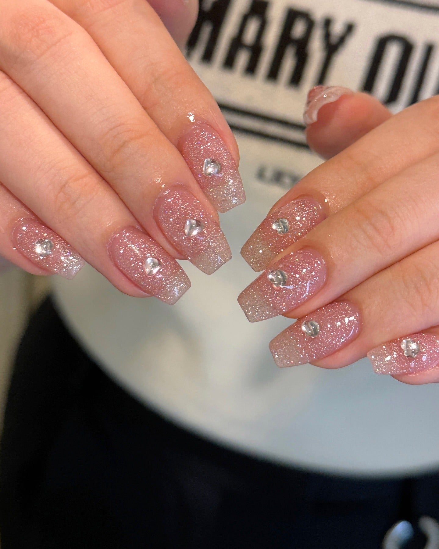 12. Diamond Dust Glitter with Rhinestones (Glitter Sparkle Nail Ideas)