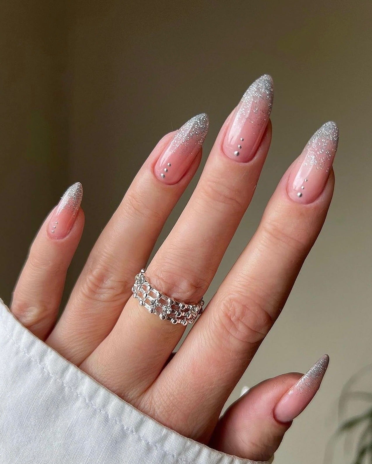 14. Silver Sparkle Almond Gradient (Glitter Sparkle Nail Ideas)