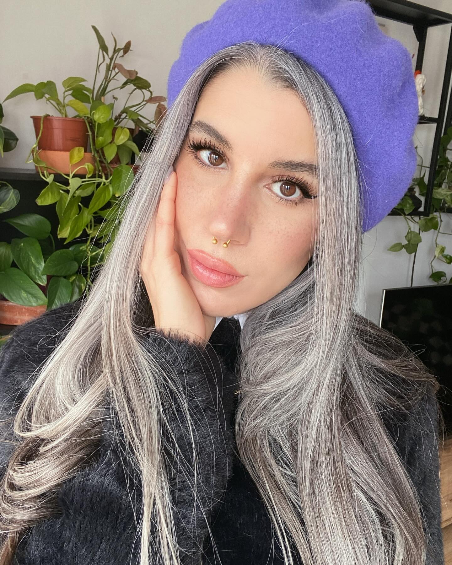 1. Long Silver Layers with Violet Beret (Gray Hairstyles for Women)
