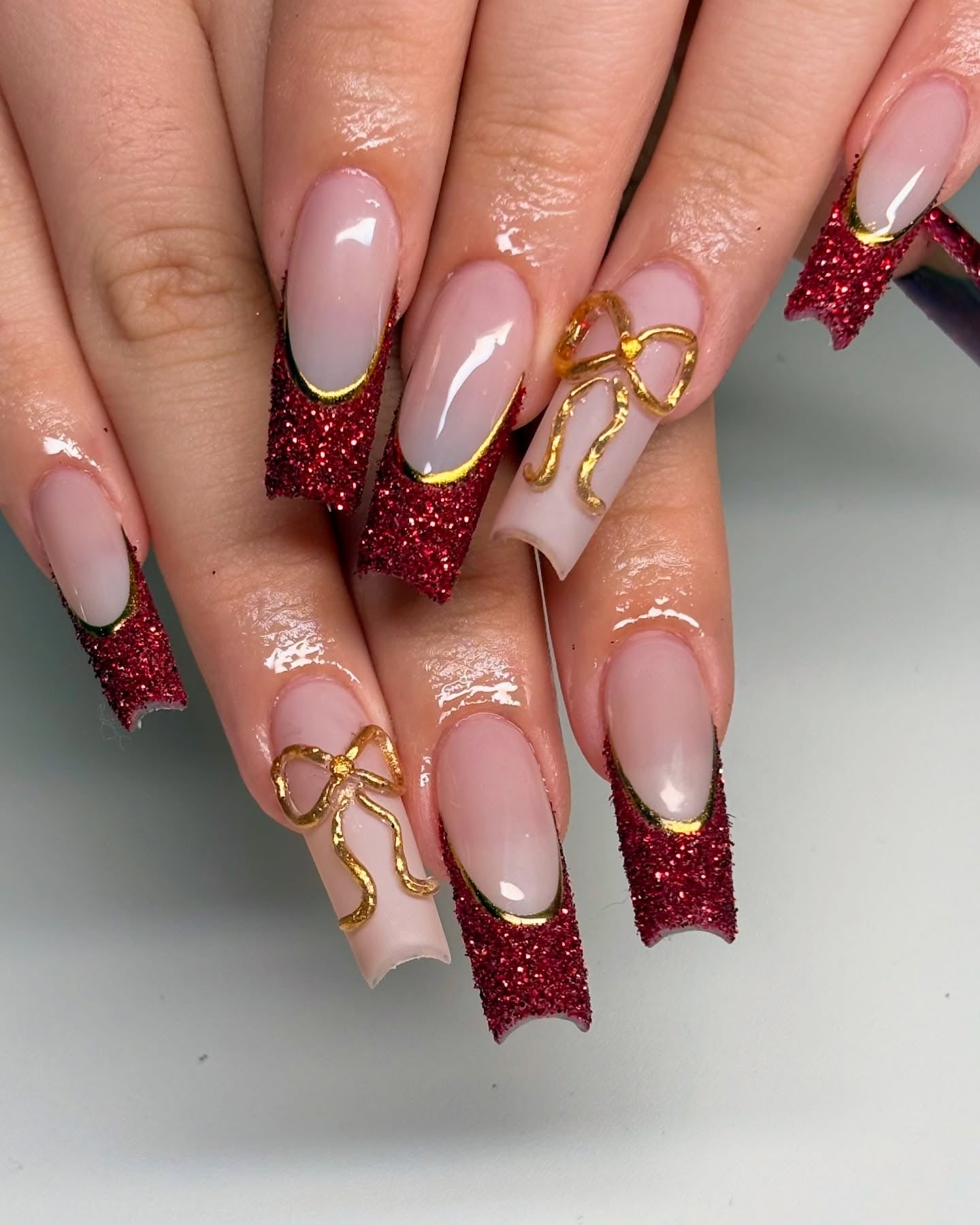 3. Glitter Ribbon French Tip Nails (Red Prom Nail Ideas)