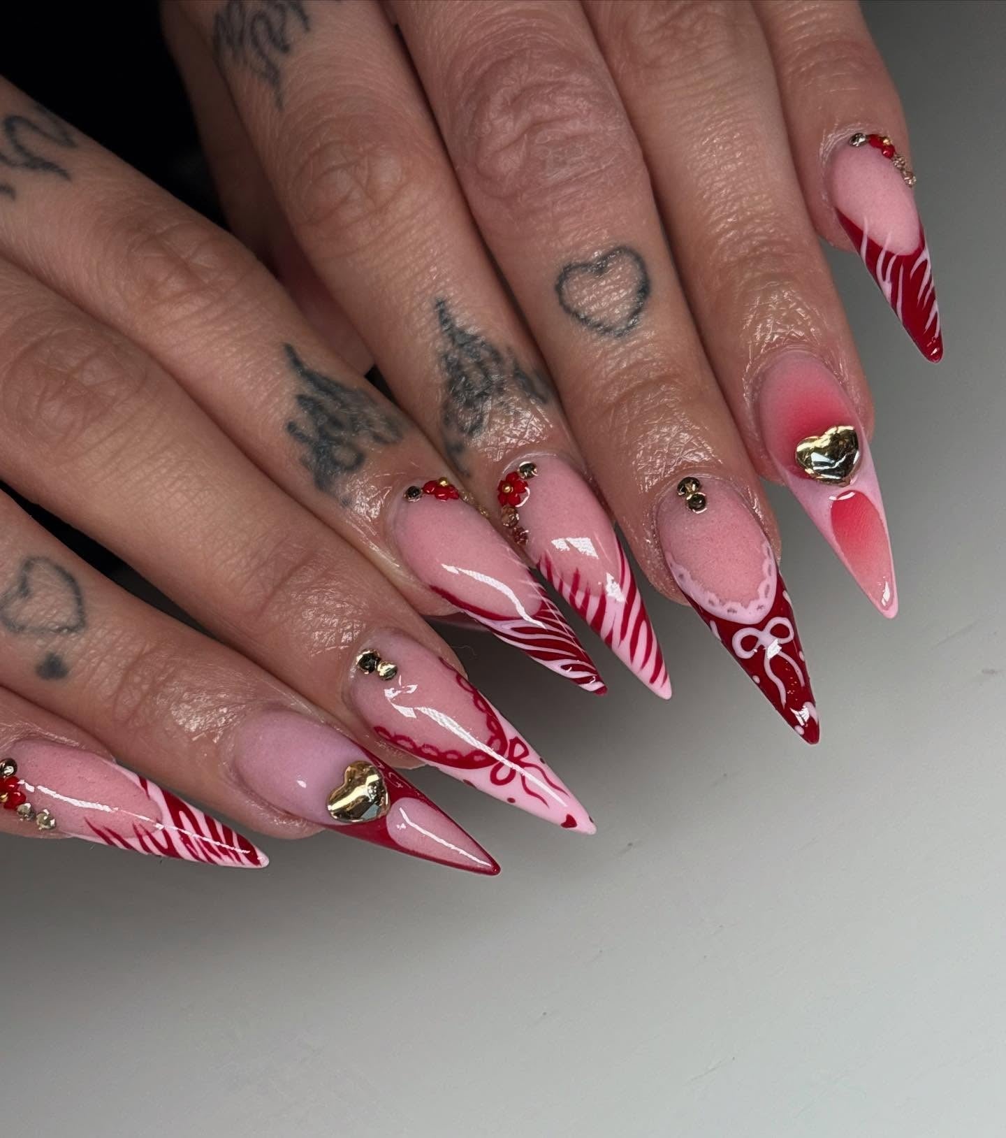 7. Candy Cane Heart Tip Nails (Red Prom Nail Ideas)