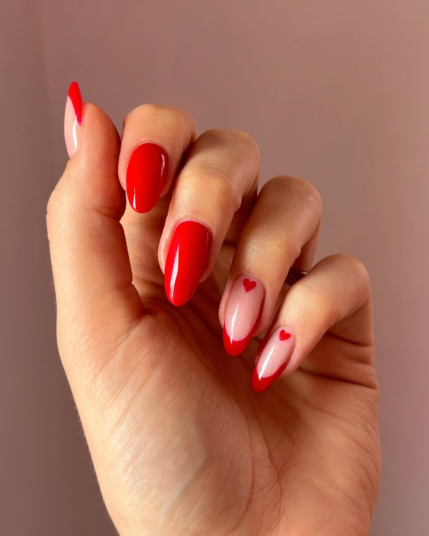 8. Short Red Heart French Tips (Red Prom Nail Ideas)