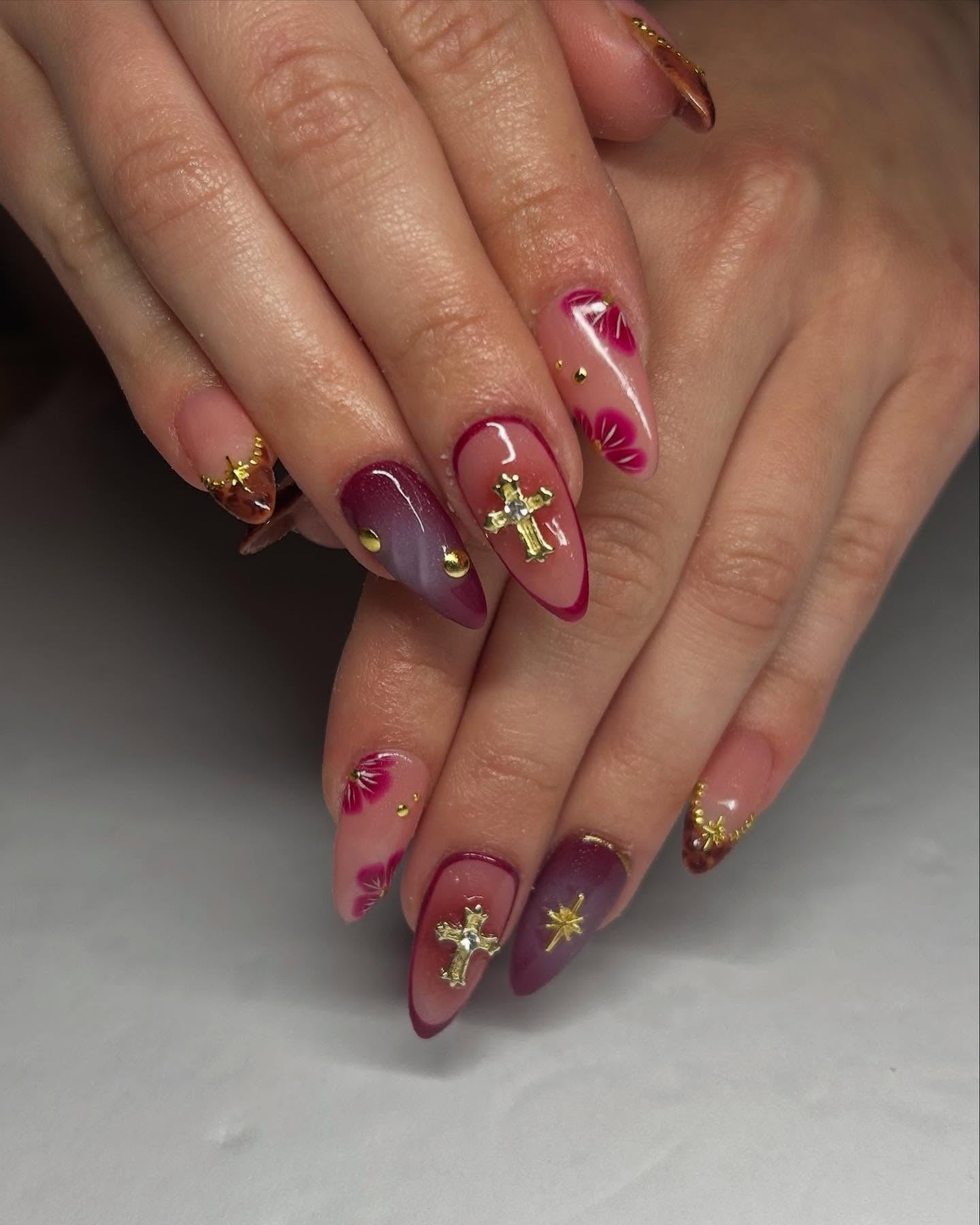 9. Cross and Petal Gradient Nails (Red Prom Nail Ideas)