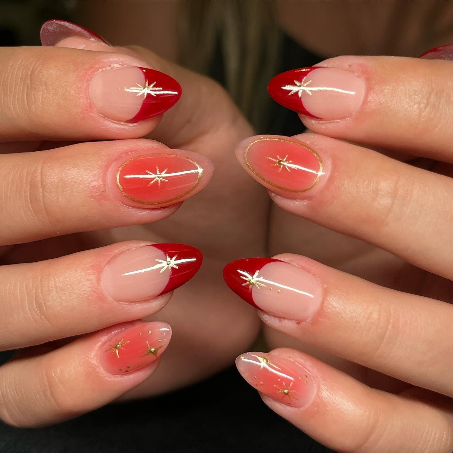 13. Golden Star Red French Tips (Red Prom Nail Ideas)
