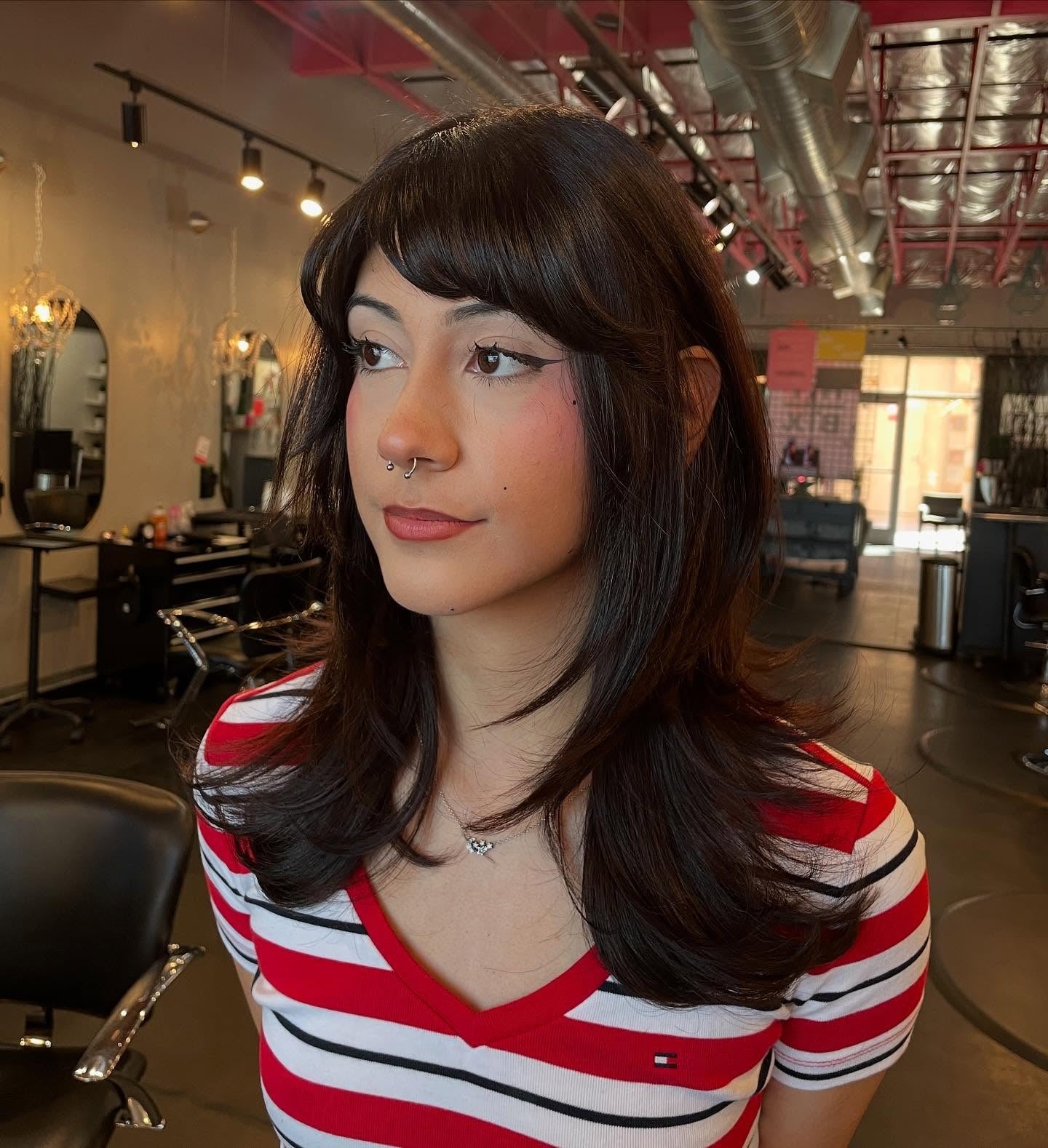 6. Layered Espresso Cut with Rounded Fringe (Medium Haircuts With Bangs)
