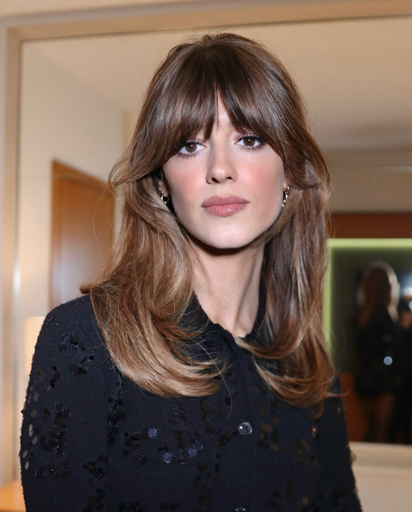 12. Curtain Bangs with Light Chestnut Layers (Medium Haircuts With Bangs)