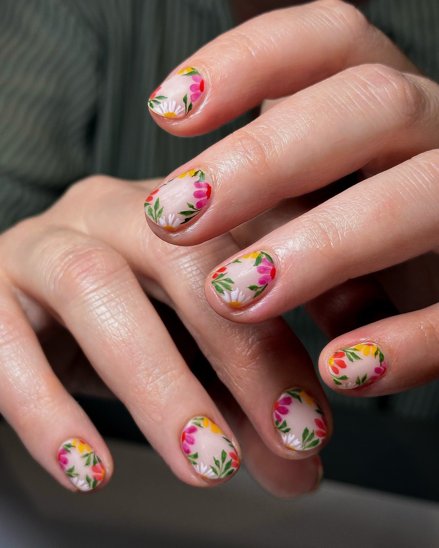 4. Hand-Painted Wildflower Garden Nails (Short Spring Break Nail Ideas)