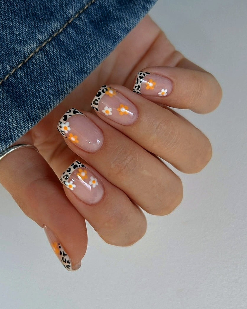 8. Leopard French Daisy Nails (Short Spring Break Nail Ideas)