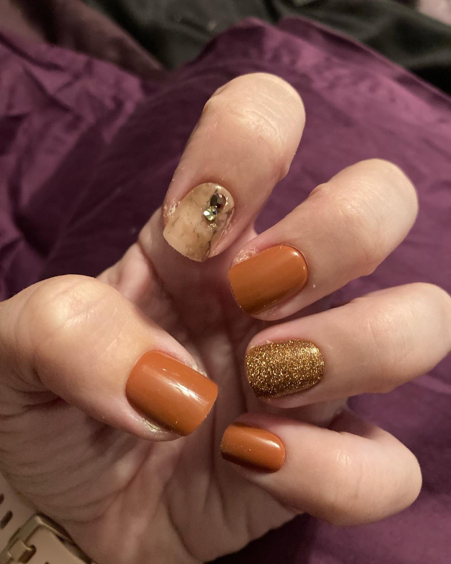 5. Burnt Orange and Gold Combo (Short Thanksgiving Nail Ideas)