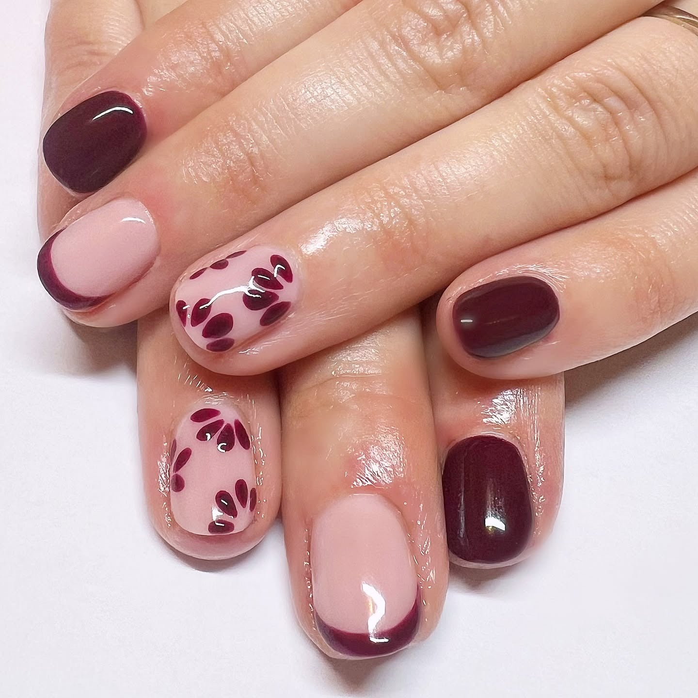 14. Cranberry Petal Details on Sheer Pink (Short Thanksgiving Nail Ideas)
