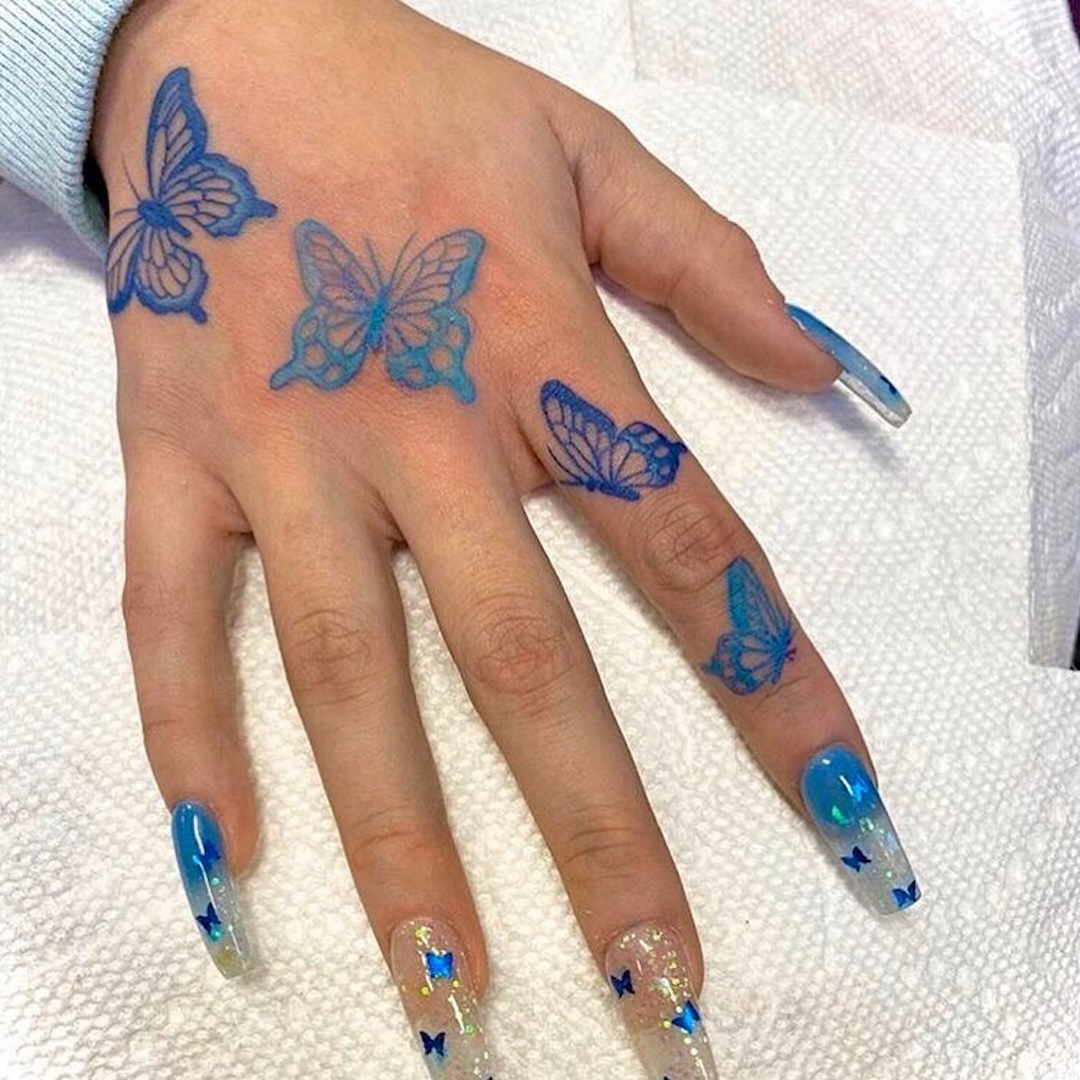 Blue Butterflies Hand Tattoo
