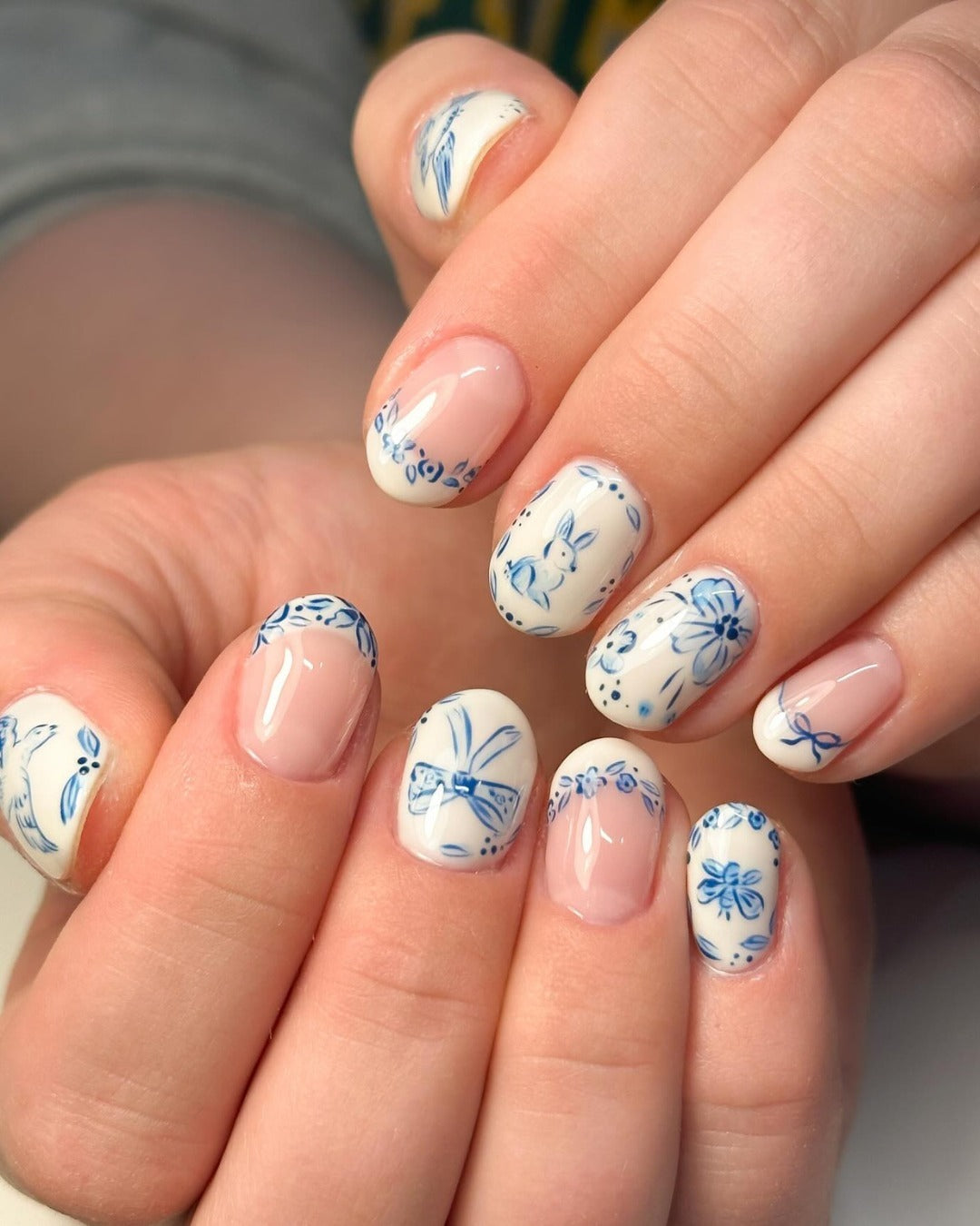 1. Delft Blue Motif Nails (Office Nail Ideas)