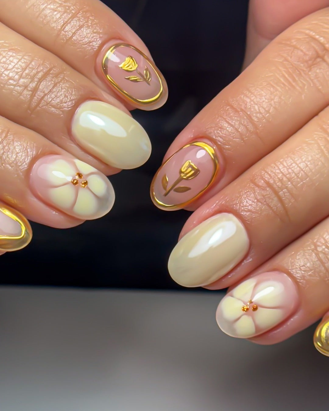 8. Golden Tulip Cream Nails (Office Nail Ideas)