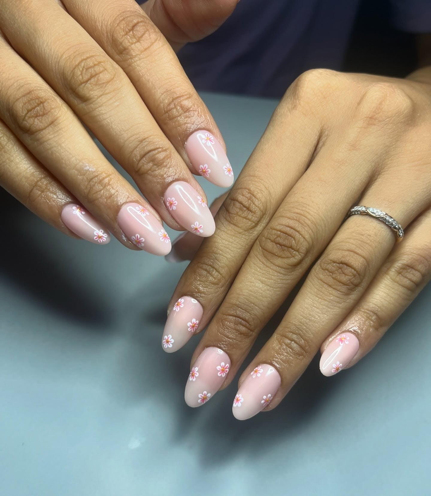 11. Soft Pink Floral Almond Nails (Office Nail Ideas)