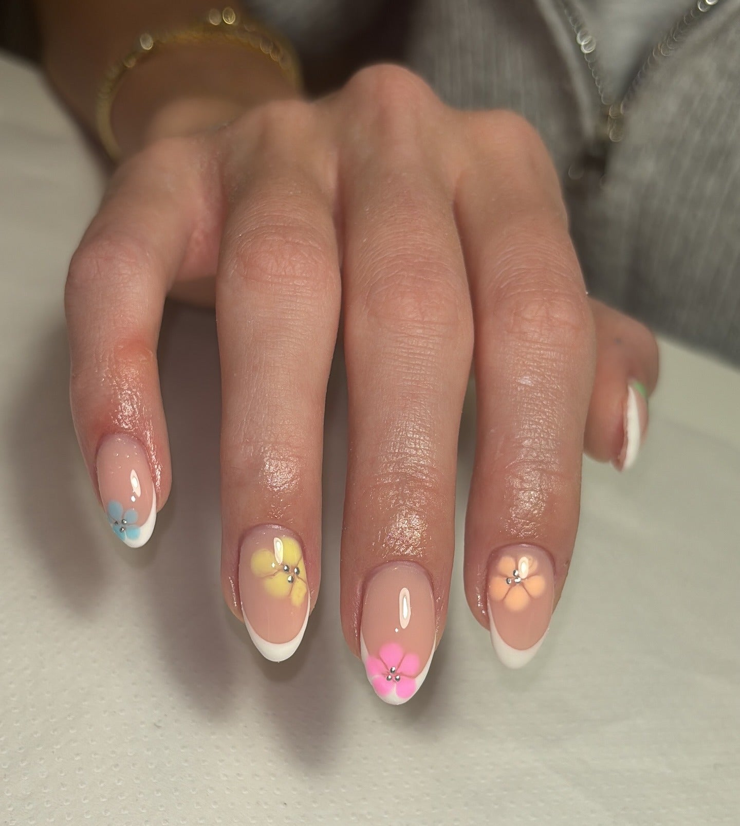 13. Pastel Accent Floral French (Office Nail Ideas)