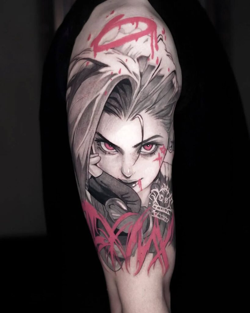 Pink And Grey Jinx Tattoo
