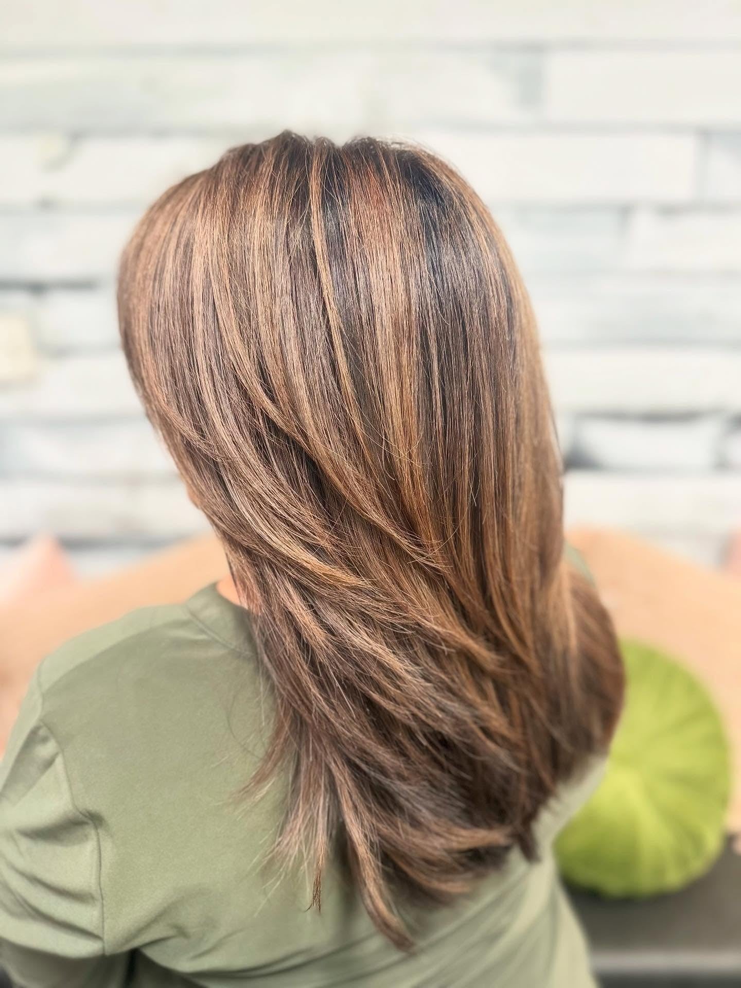 15. Feathered Cut with Copper Caramel Balayage (Caramel Balayage with Highlights)