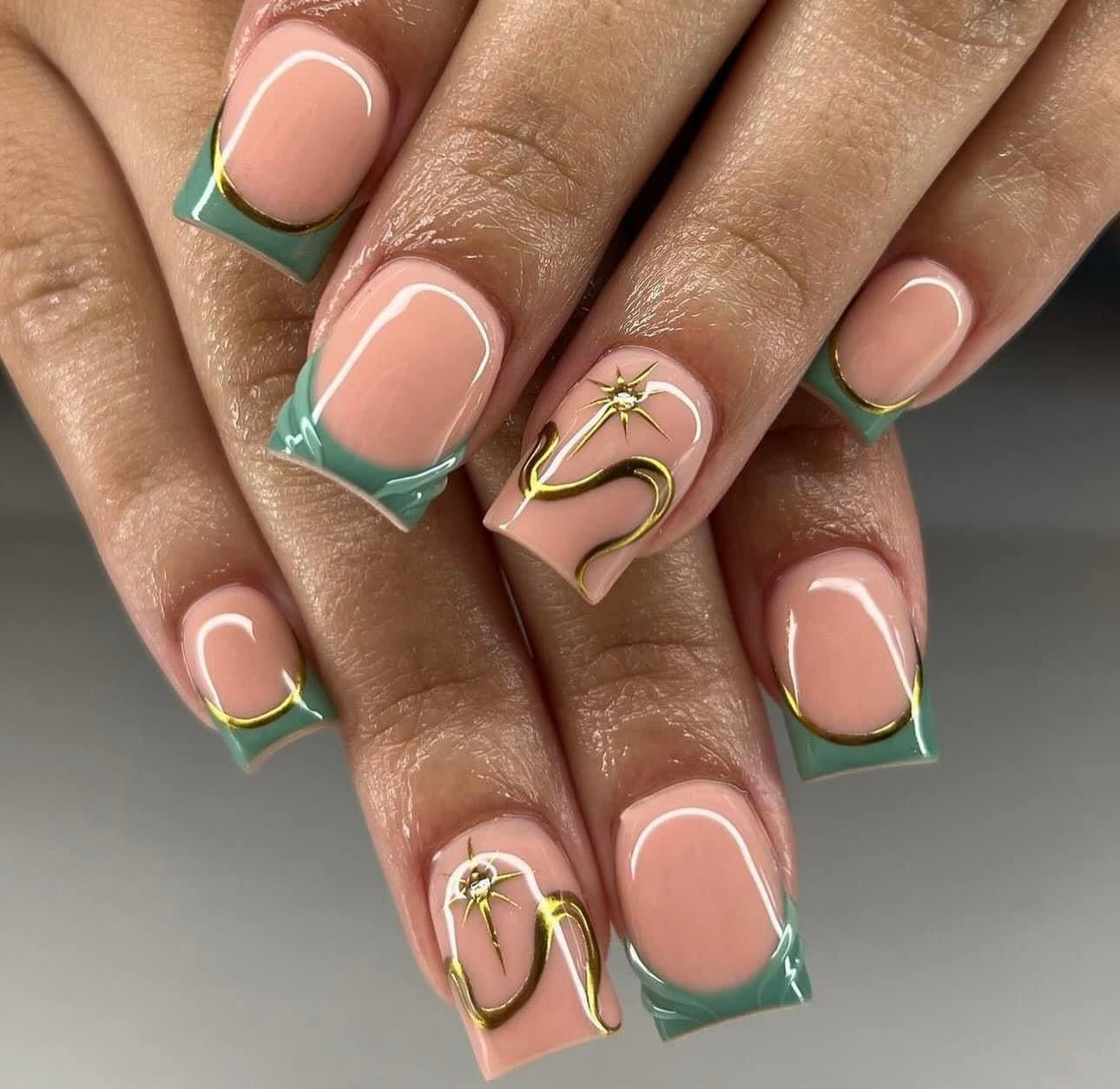 1. Mint French Square with Gold Accents (Classy Short Nail Ideas)