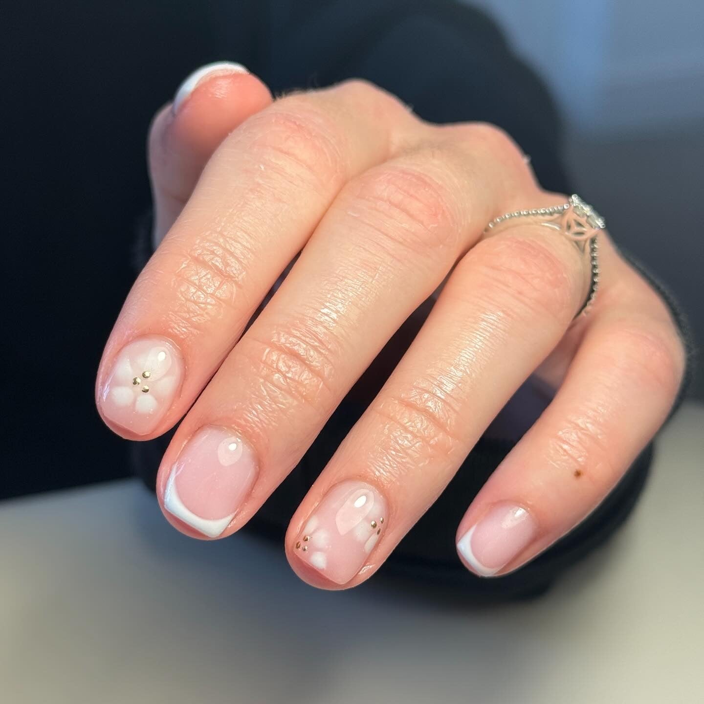 6. Petal White French with Dot Blossoms (Classy Short Nail Ideas)