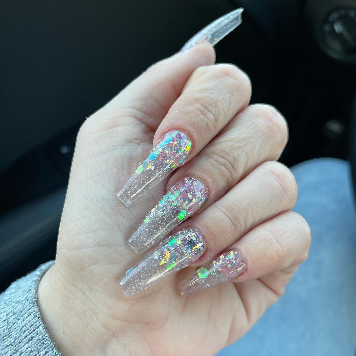 8. Crystal-Glitter Coffin Nails (Clear Nail Ideas)