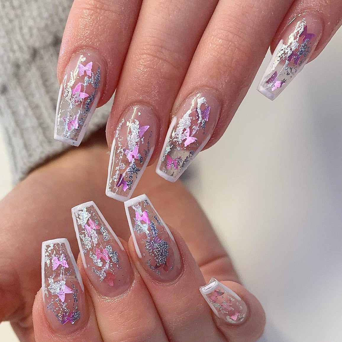 11. Glitter Butterfly Coffin Nails (Clear Nail Ideas)