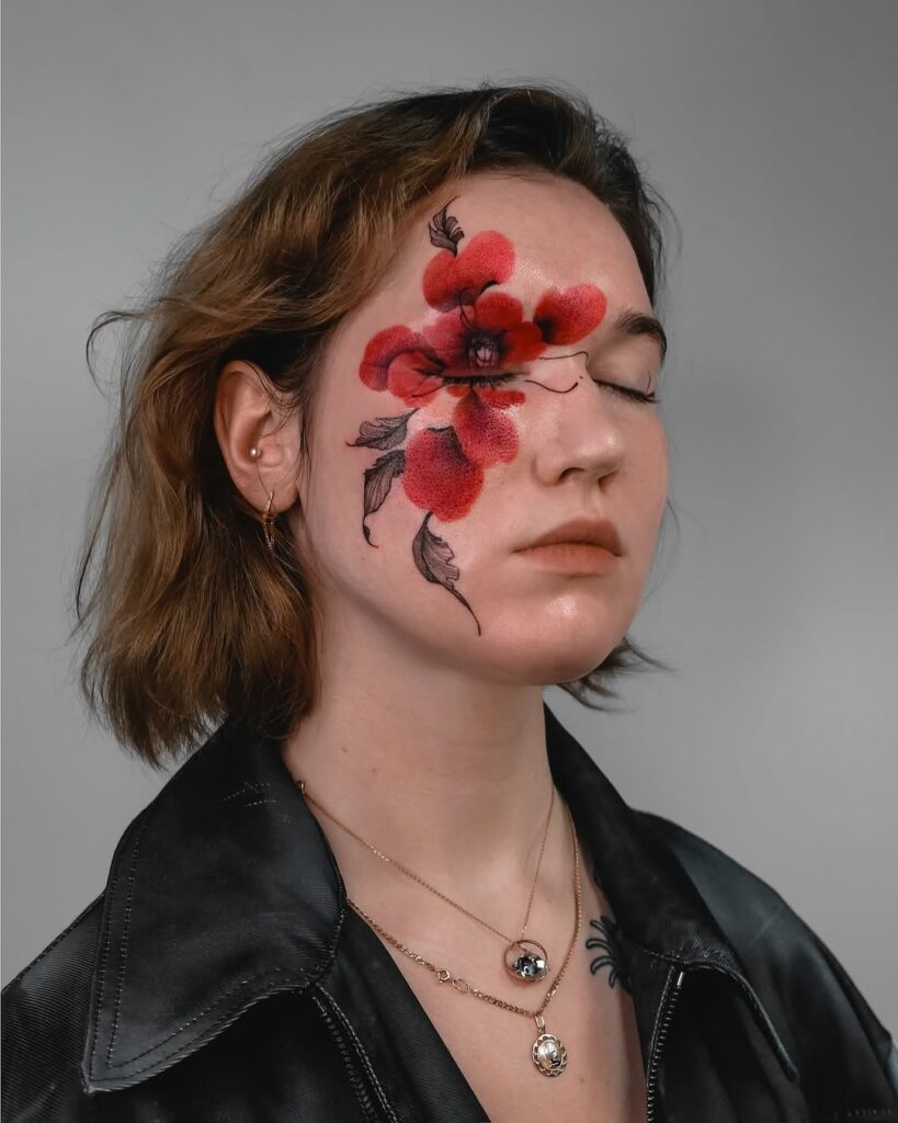 Red Floral Face Tattoo