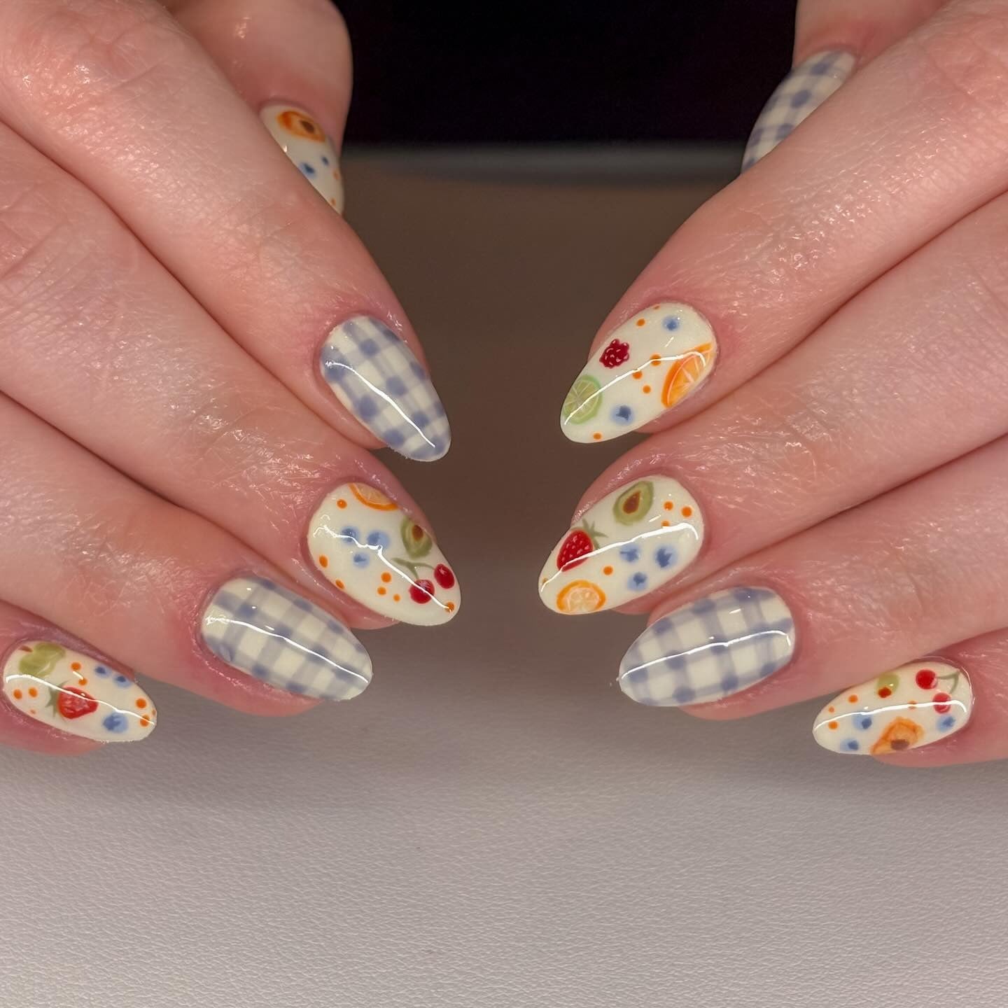 4. Gingham & Fruit-Inspired Pastel Nails (Cool Nail Ideas)