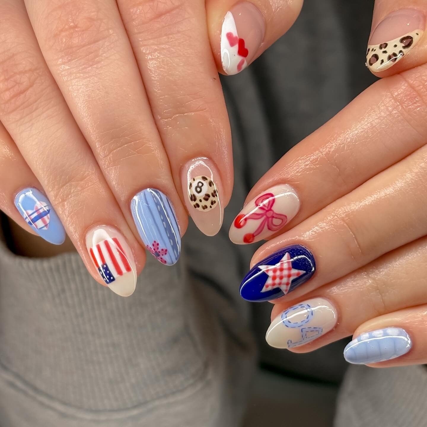 7. Eclectic Mix Nails in Blue, Red & Neutral (Cool Nail Ideas)
