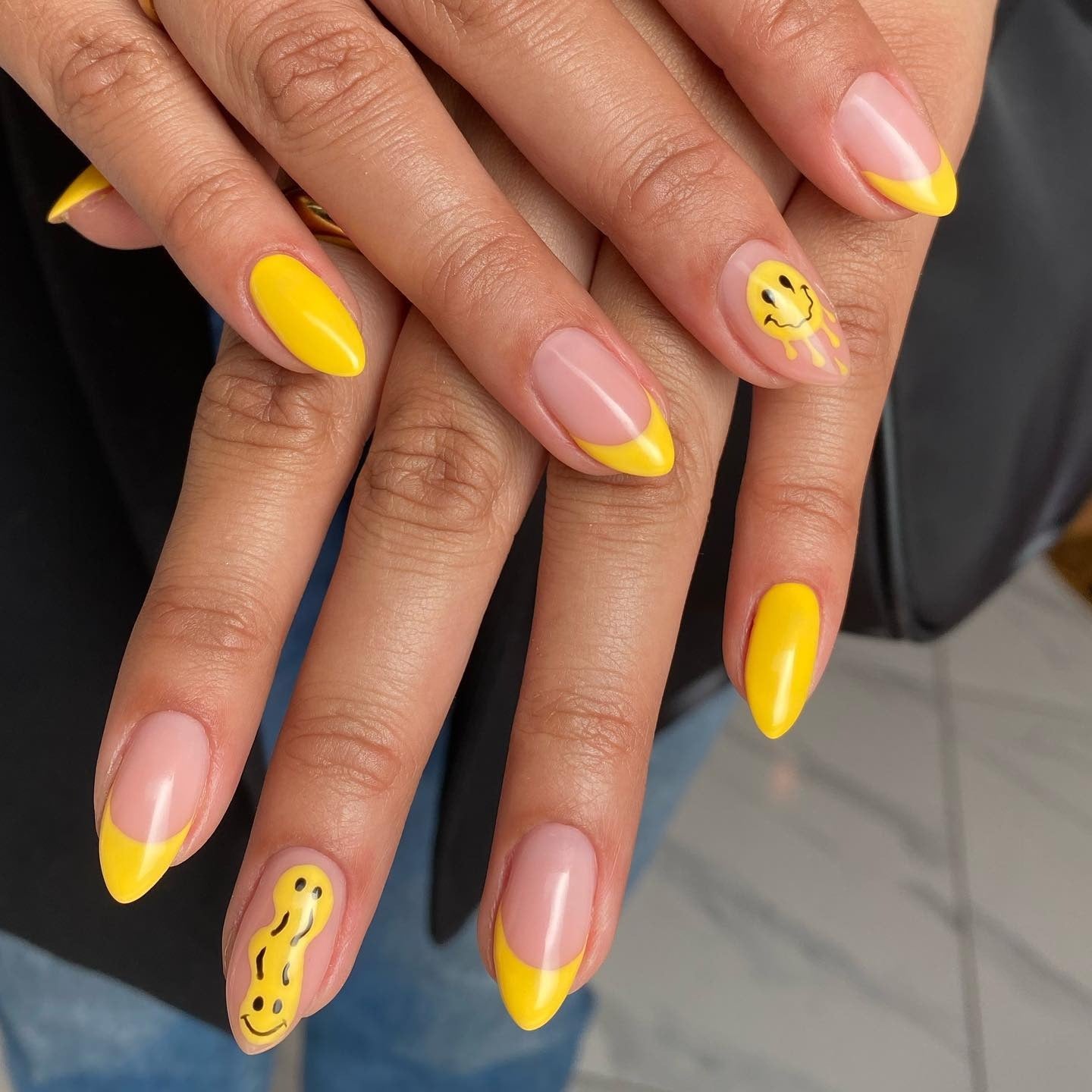15. Sunshine Smiley Nails in Yellow French (Cool Nail Ideas)