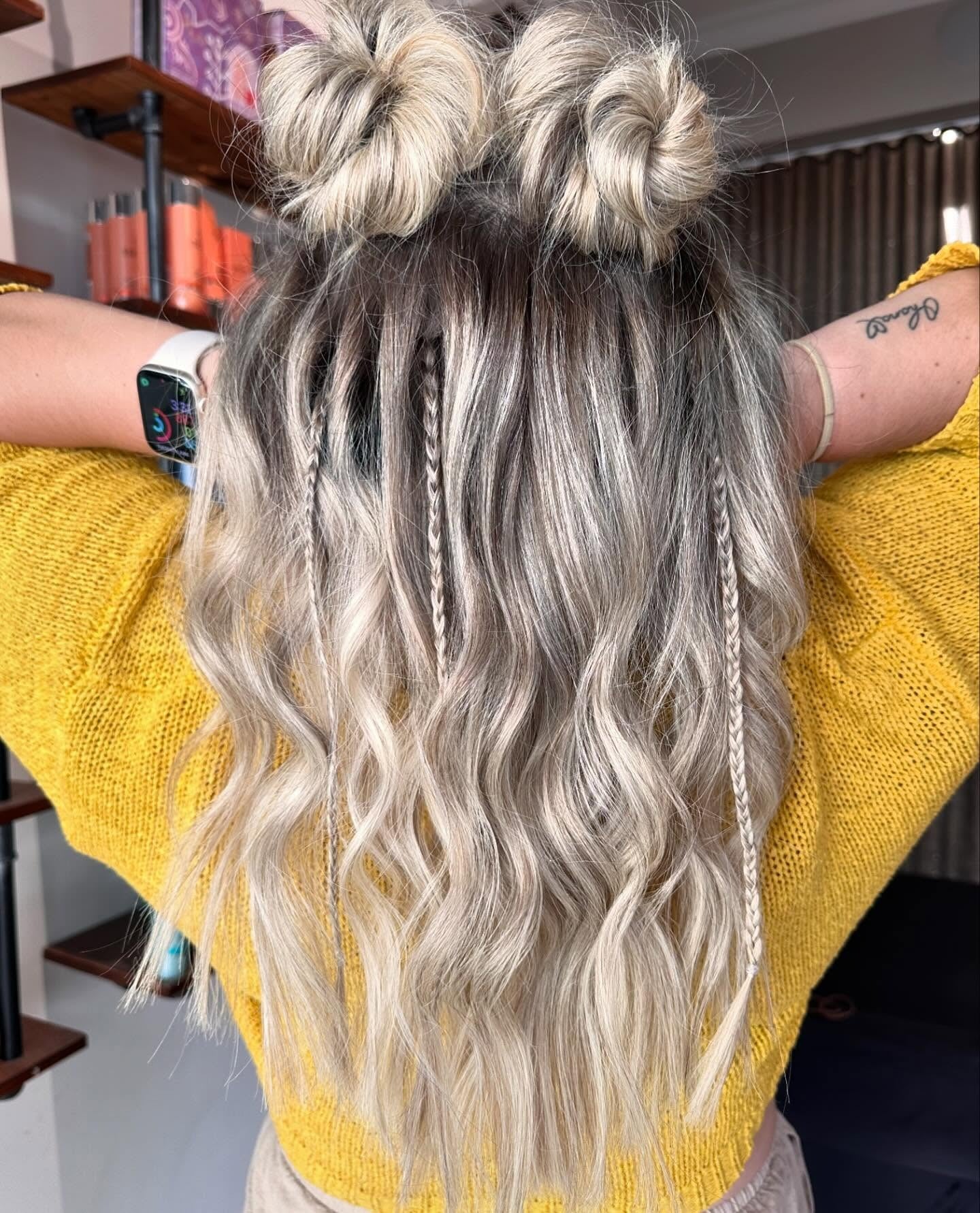 1. Double Space Buns with Beach Waves and Mini Braids – Ash Blonde with Platinum Ends (Cute Hairstyles)