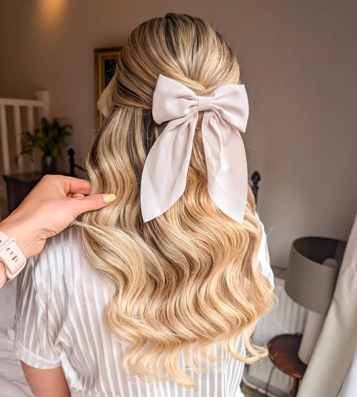 3. Half-Up Waves with Oversized Bow – Buttery Blonde Balayage (Cute Hairstyles)