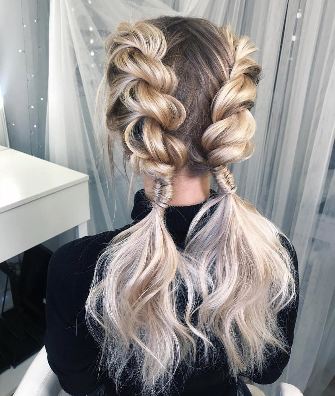 10. Voluminous Rope Braids into Ponytails – Blonde Ombre (Cute Hairstyles)