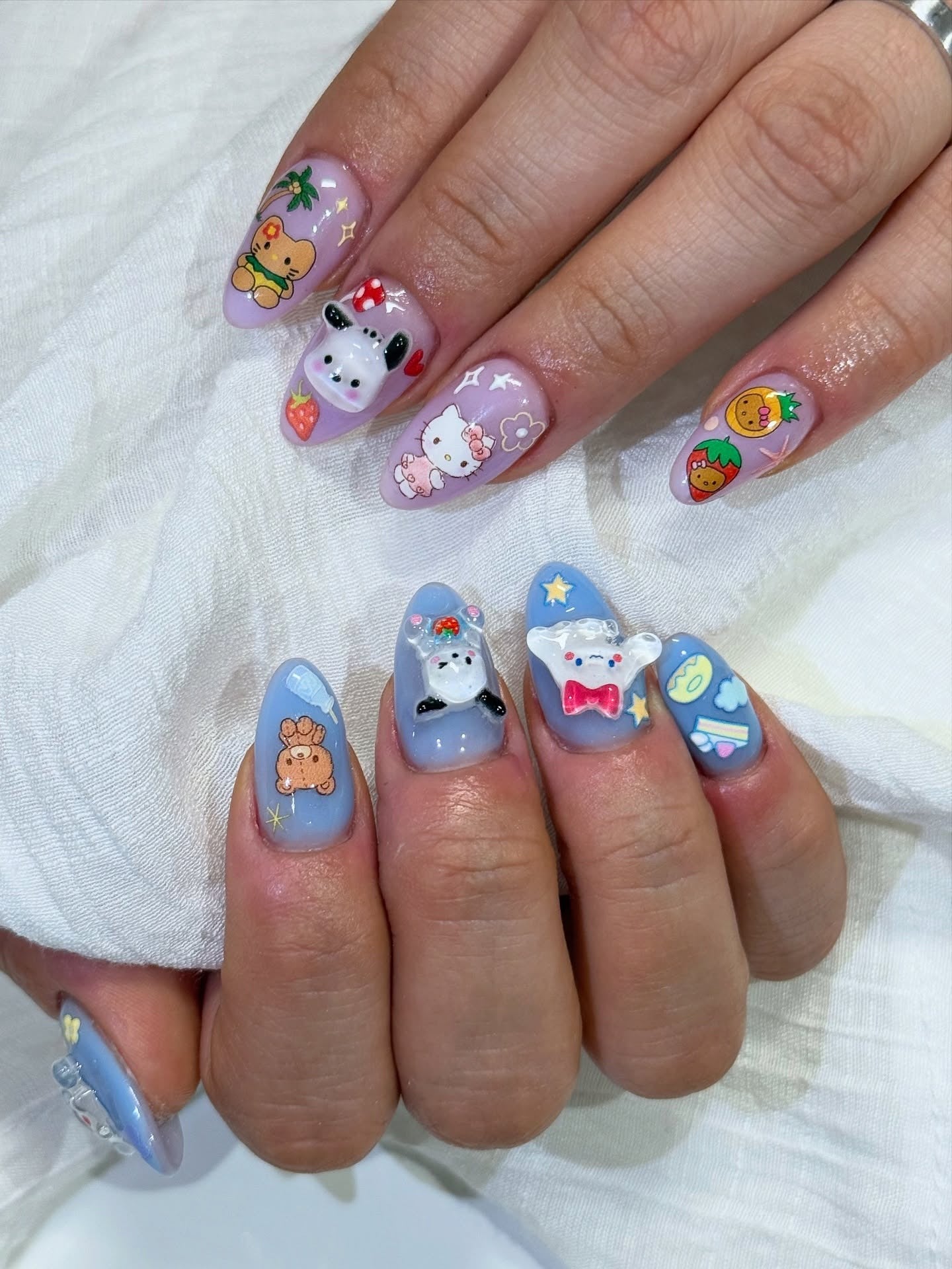 2. Kawaii Cartoon Mix with Lavender Base (Cute Nail Ideas)