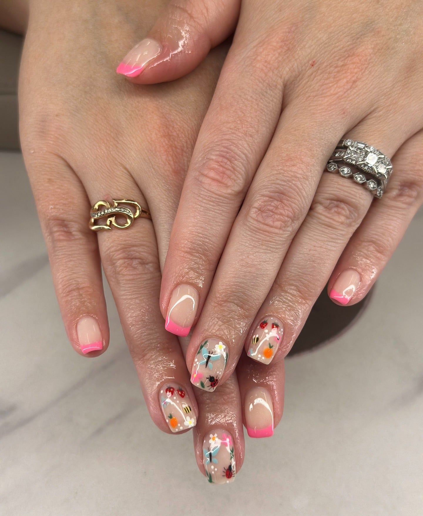 8. Garden Bloom with Neon Pink Tips (Cute Nail Ideas)